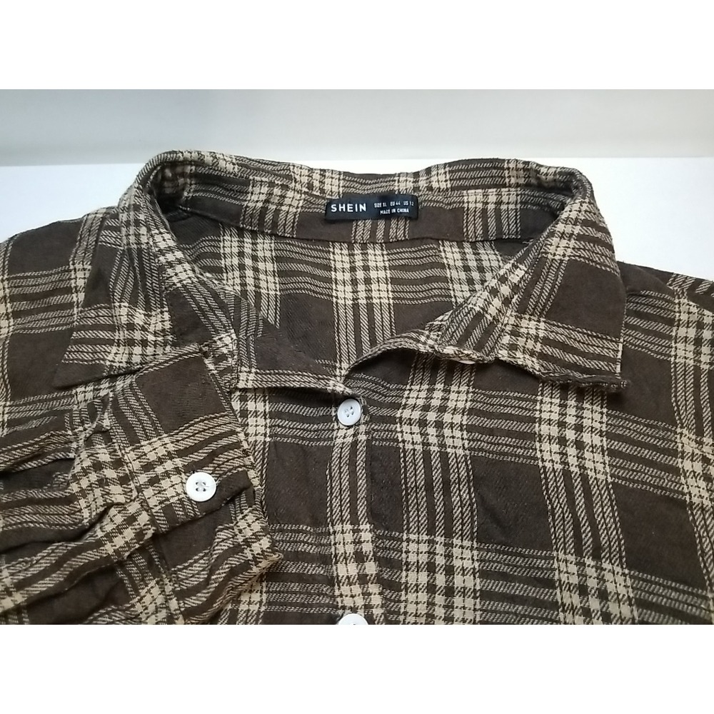 SheIn Womens XL Brown Plaid Flannel Button Up Long Sleeve Pocket Top Shirt